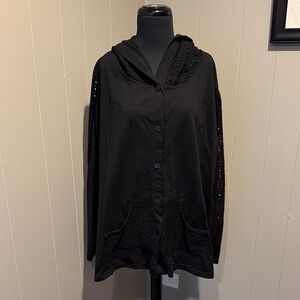 Fenini Elegant Black Women's XXL Hooded Jacket Button Down